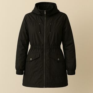 Lucky Brand Black Hooded Rain Windbreaker Jacket Women’s M Adjustable Waist NWOT